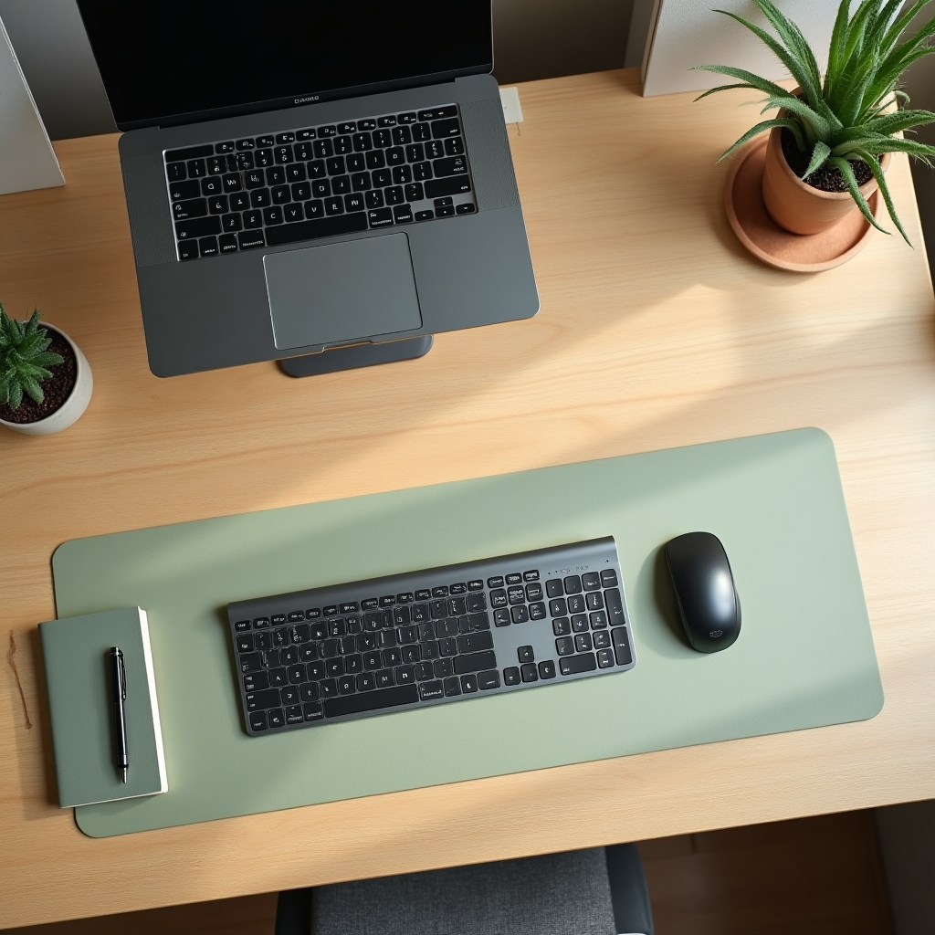 Rendezett, ergonomikus otthoni irodai munkaállomás felülnézetből